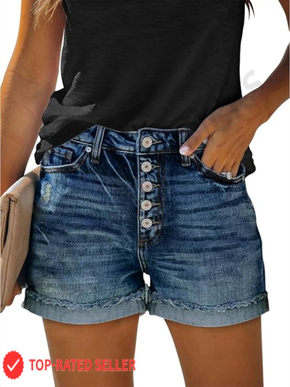 Mid Waist Ripped Raw Cut Hem Stretchy Denim Shorts Summer